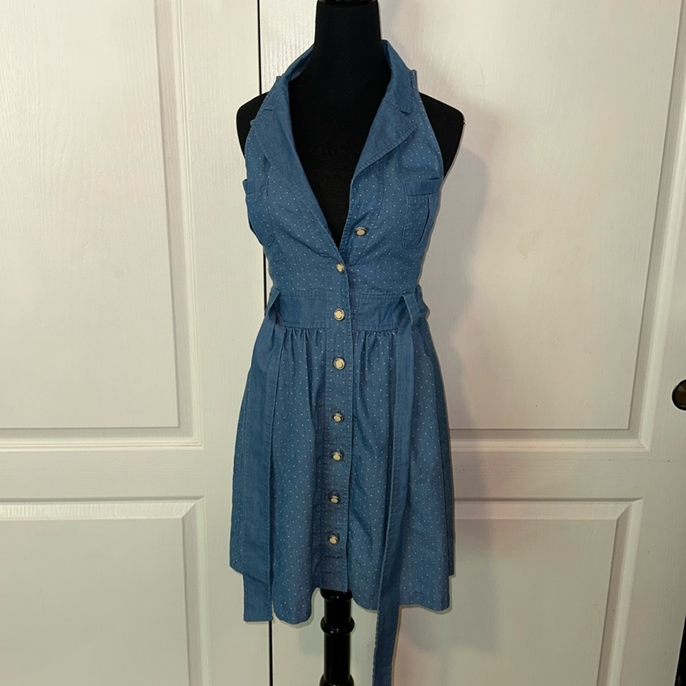 MONTEAU LA HALTER CHAMBRAY POLKA DOT BUTTON FRONT DRESS
